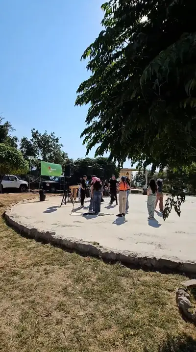 Guests playing a game in a circle on a field in the sun
