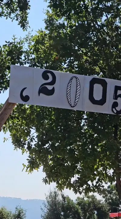 A hand-painted 2005 sign hanging from a tree
