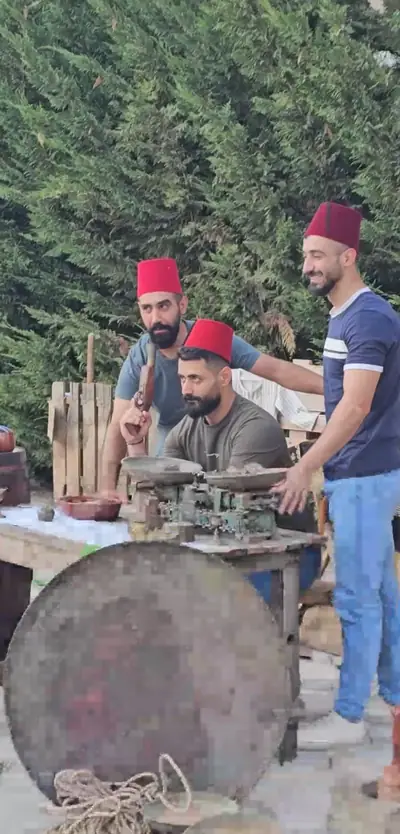 Men in fezzes at a craft table