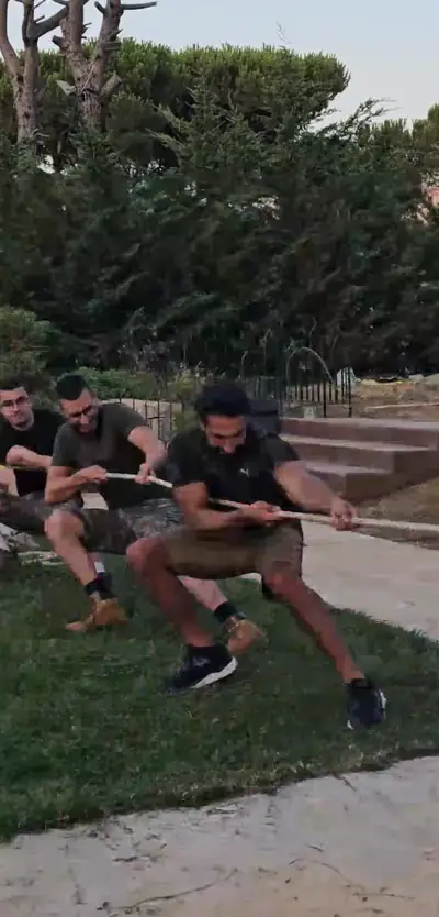 A team pulling a rope in a tug of war